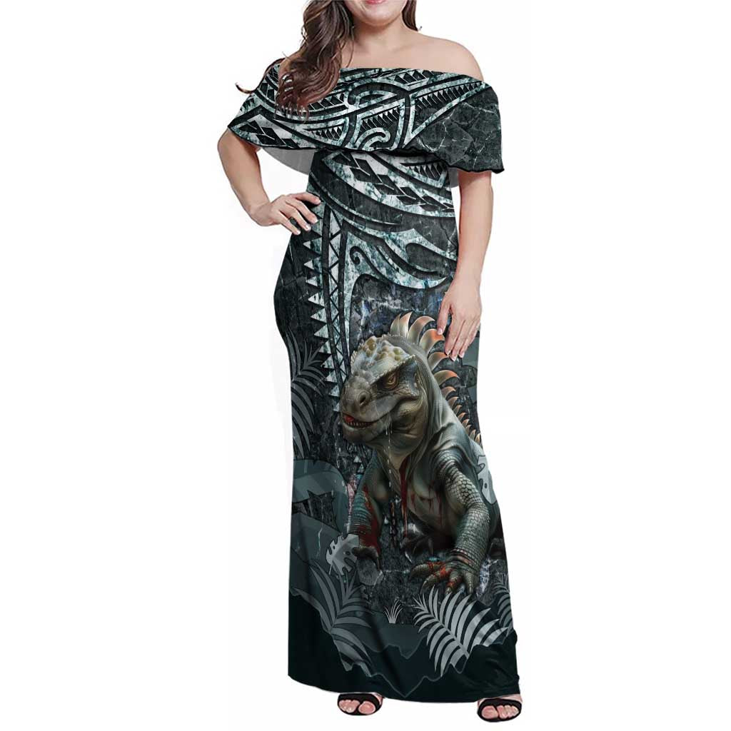 Hawaii Mo'o Lizard God Family Matching Off Shoulder Maxi Dress and Hawaiian Shirt Polynesian Style LT05 Mom's Dress Green - Polynesian Pride