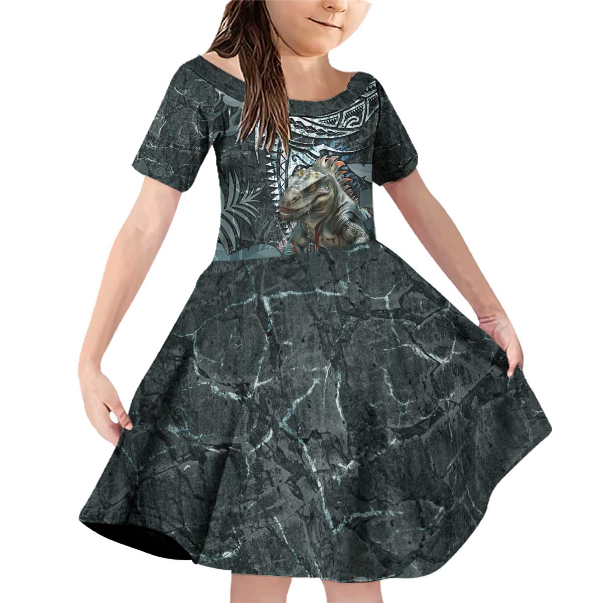 Hawaii Mo'o Lizard God Family Matching Off Shoulder Short Dress and Hawaiian Shirt Polynesian Style LT05 Daughter's Dress Green - Polynesian Pride