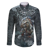 Hawaii Mo'o Lizard God Family Matching Off Shoulder Short Dress and Hawaiian Shirt Polynesian Style LT05 Dad's Shirt - Long Sleeve Green - Polynesian Pride