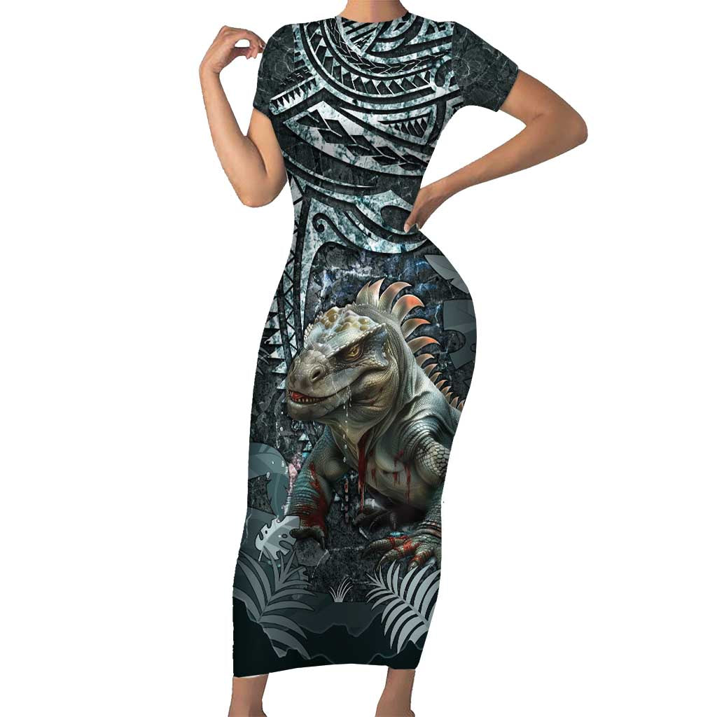 Hawaii Mo'o Lizard God Family Matching Short Sleeve Bodycon Dress and Hawaiian Shirt Polynesian Style LT05 Mom's Dress Green - Polynesian Pride