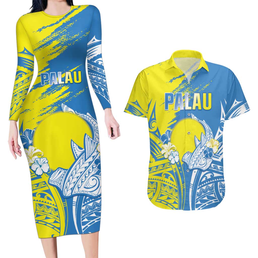 Palau Independence Day Couples Matching Long Sleeve Bodycon Dress and Hawaiian Shirt Happy 30th Anniversary LT05 Blue - Polynesian Pride