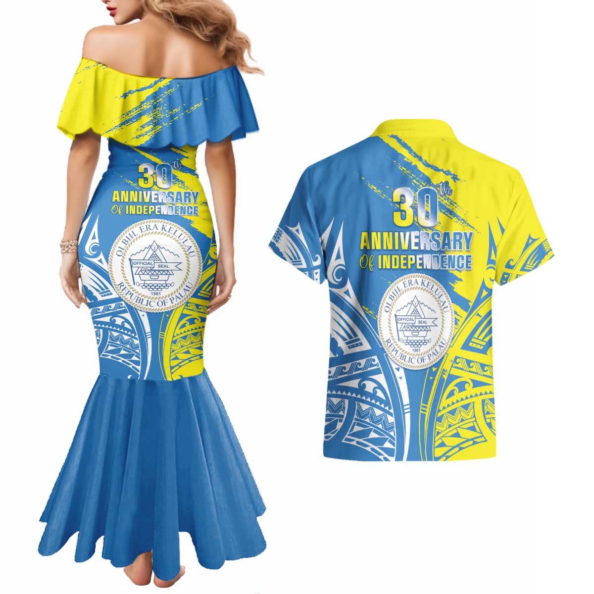 Palau Independence Day Couples Matching Mermaid Dress and Hawaiian Shirt Happy 30th Anniversary LT05 - Polynesian Pride