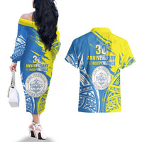Palau Independence Day Couples Matching Off The Shoulder Long Sleeve Dress and Hawaiian Shirt Happy 30th Anniversary LT05 - Polynesian Pride