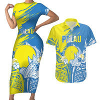 Palau Independence Day Couples Matching Short Sleeve Bodycon Dress and Hawaiian Shirt Happy 30th Anniversary LT05 Blue - Polynesian Pride