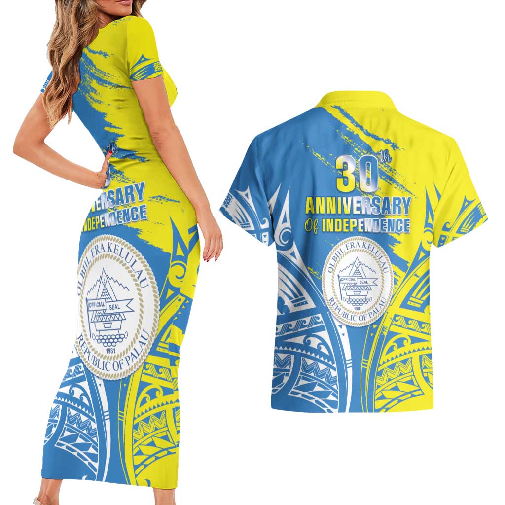Palau Independence Day Couples Matching Short Sleeve Bodycon Dress and Hawaiian Shirt Happy 30th Anniversary LT05 - Polynesian Pride