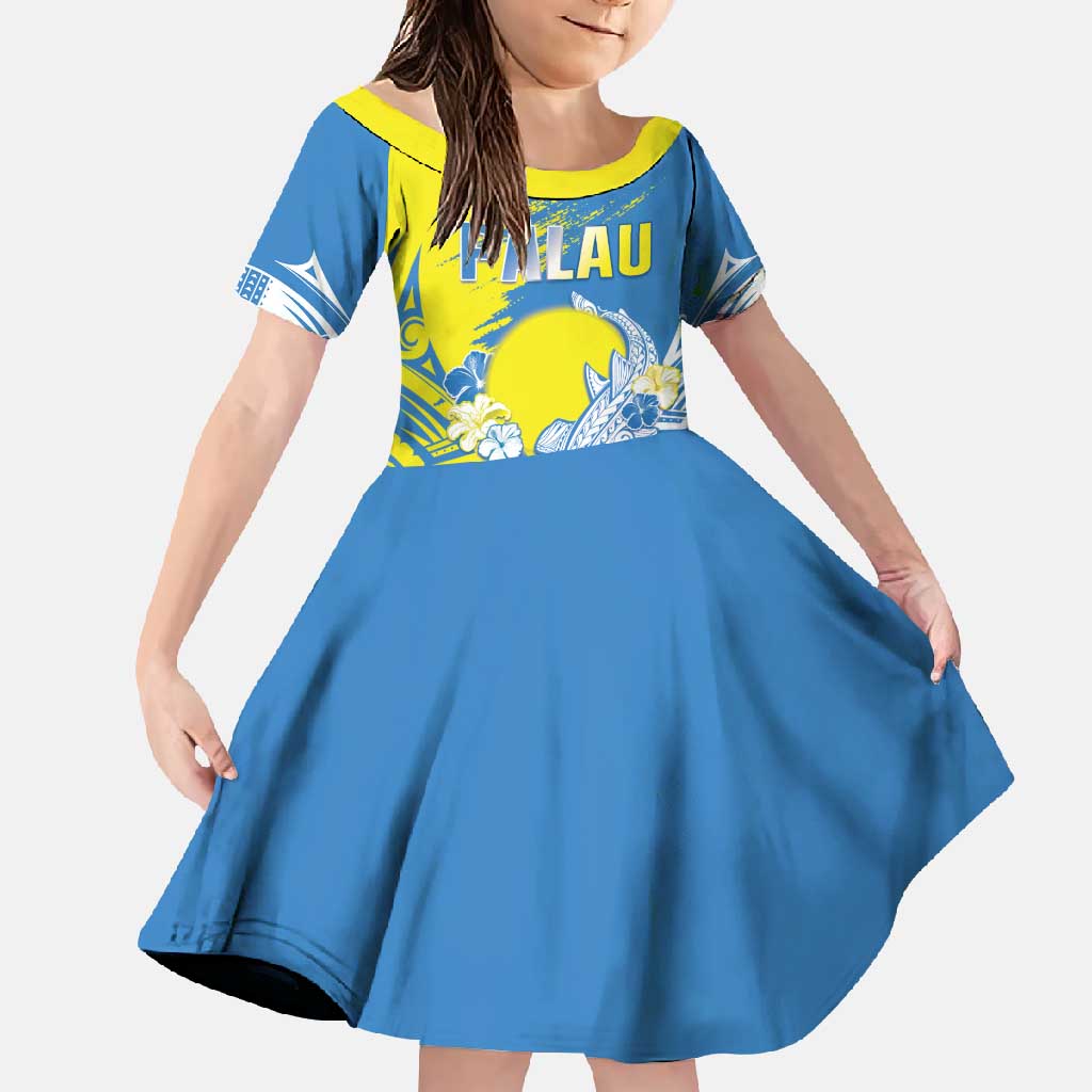 Palau Independence Day Family Matching Off Shoulder Maxi Dress and Hawaiian Shirt Happy 30th Anniversary LT05 Daughter's Dress Blue - Polynesian Pride