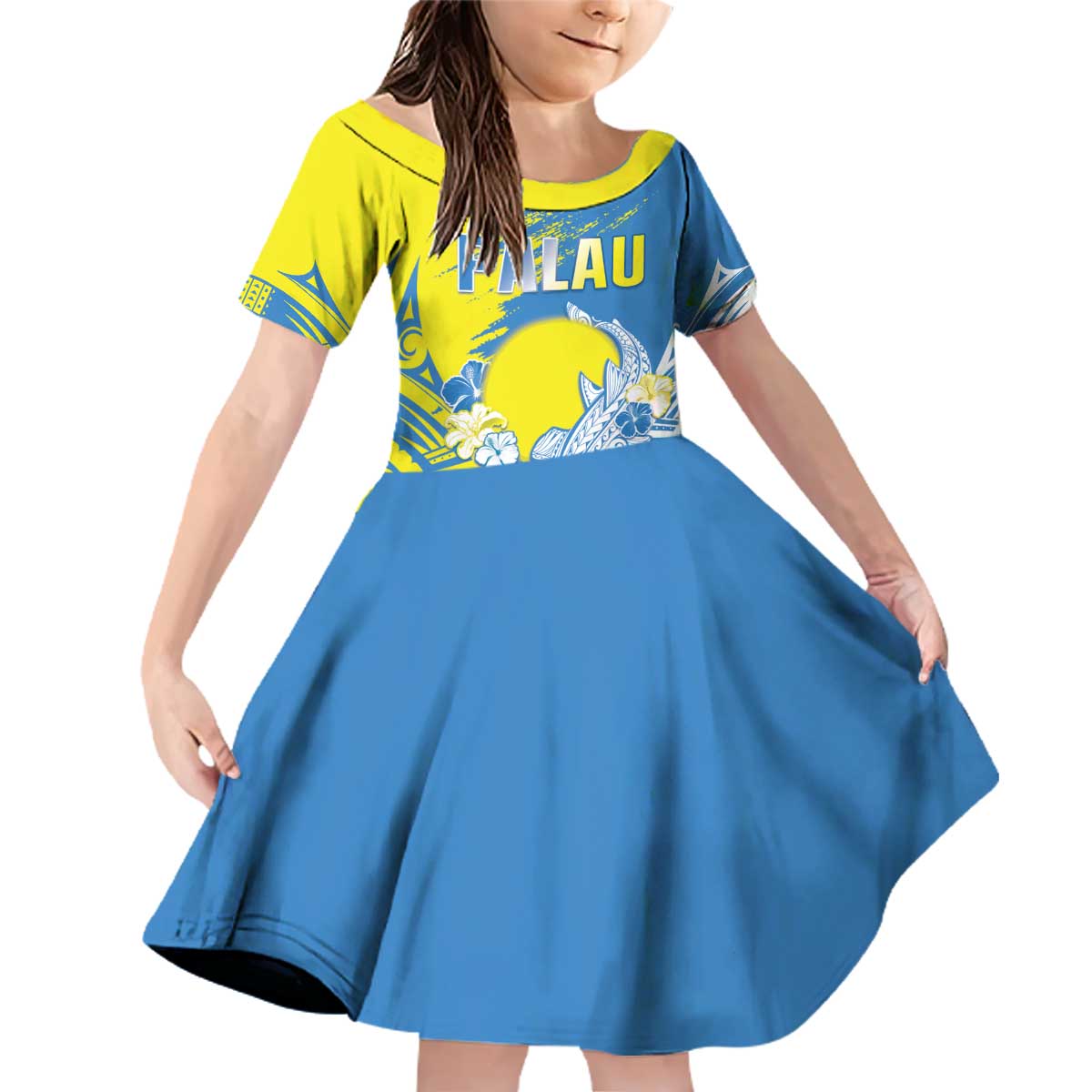 Palau Independence Day Family Matching Off Shoulder Short Dress and Hawaiian Shirt Happy 30th Anniversary LT05 Daughter's Dress Blue - Polynesian Pride
