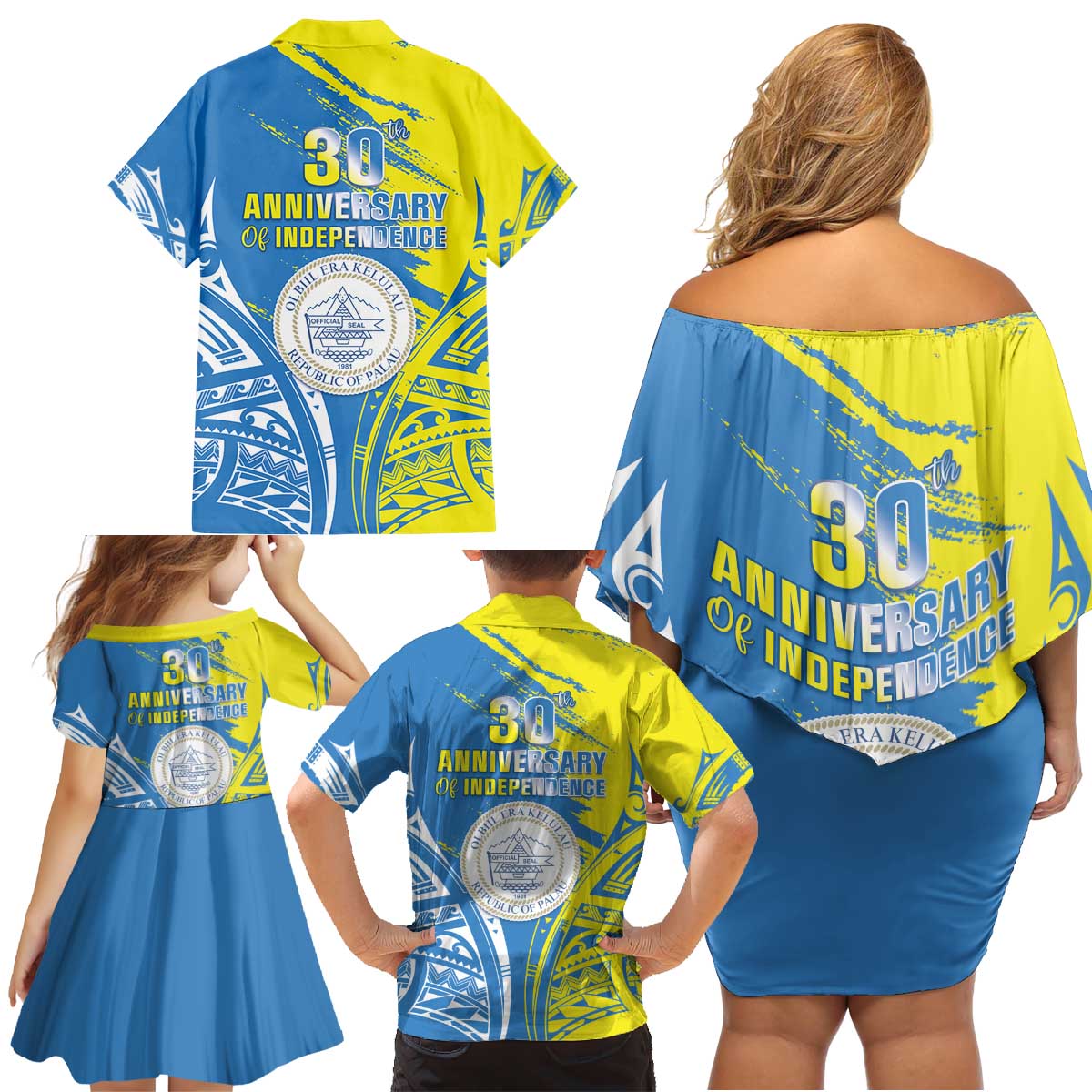 Palau Independence Day Family Matching Off Shoulder Short Dress and Hawaiian Shirt Happy 30th Anniversary LT05 - Polynesian Pride