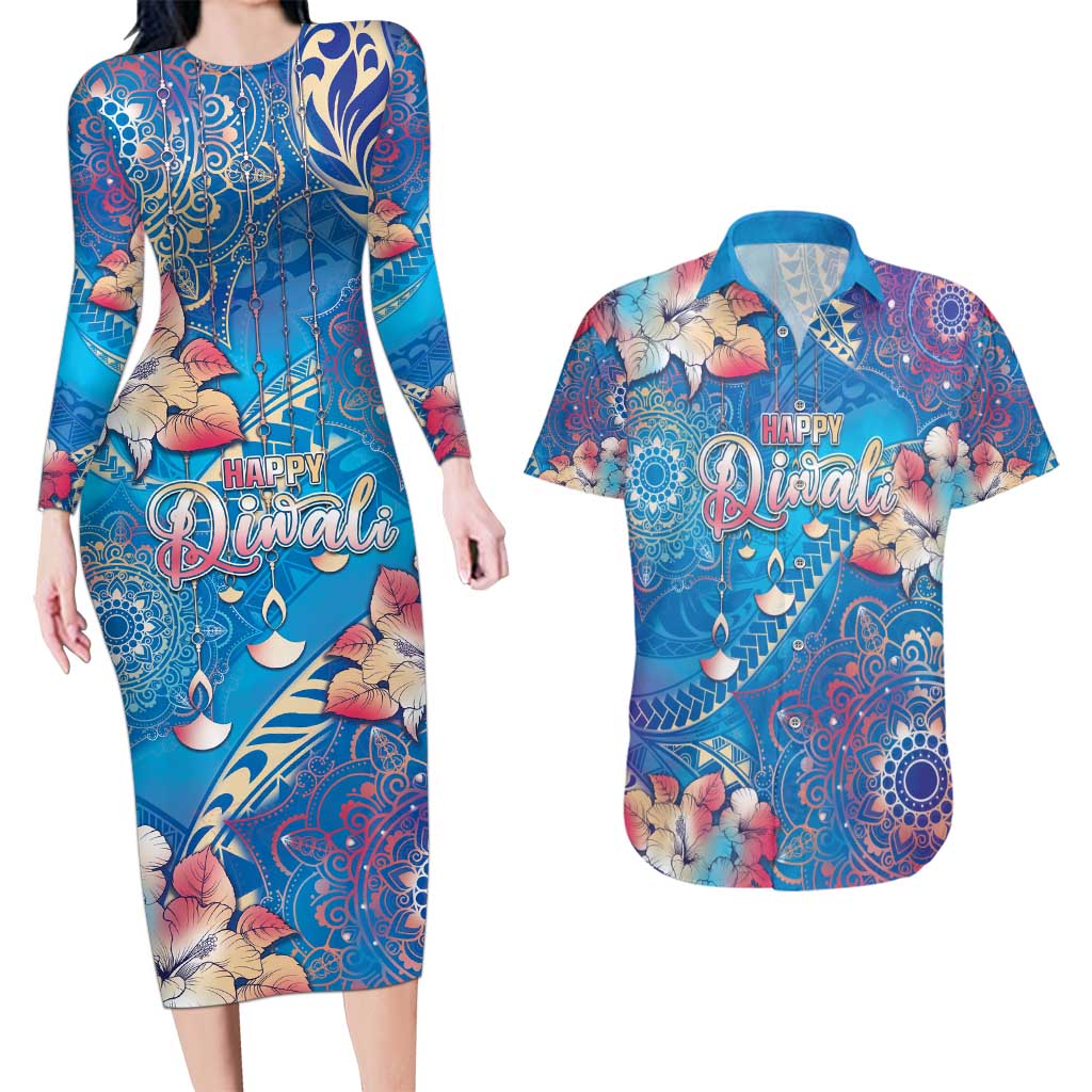 Happy Diwali Festival Couples Matching Long Sleeve Bodycon Dress and Hawaiian Shirt Diya Lamp Rangoli With Polynesian Pattern LT05 Blue - Polynesian Pride