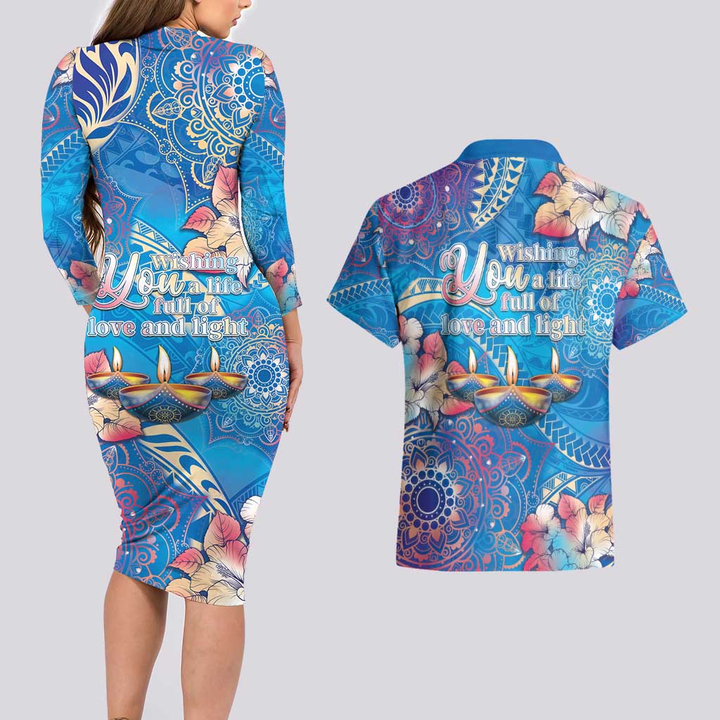 Happy Diwali Festival Couples Matching Long Sleeve Bodycon Dress and Hawaiian Shirt Diya Lamp Rangoli With Polynesian Pattern LT05 - Polynesian Pride