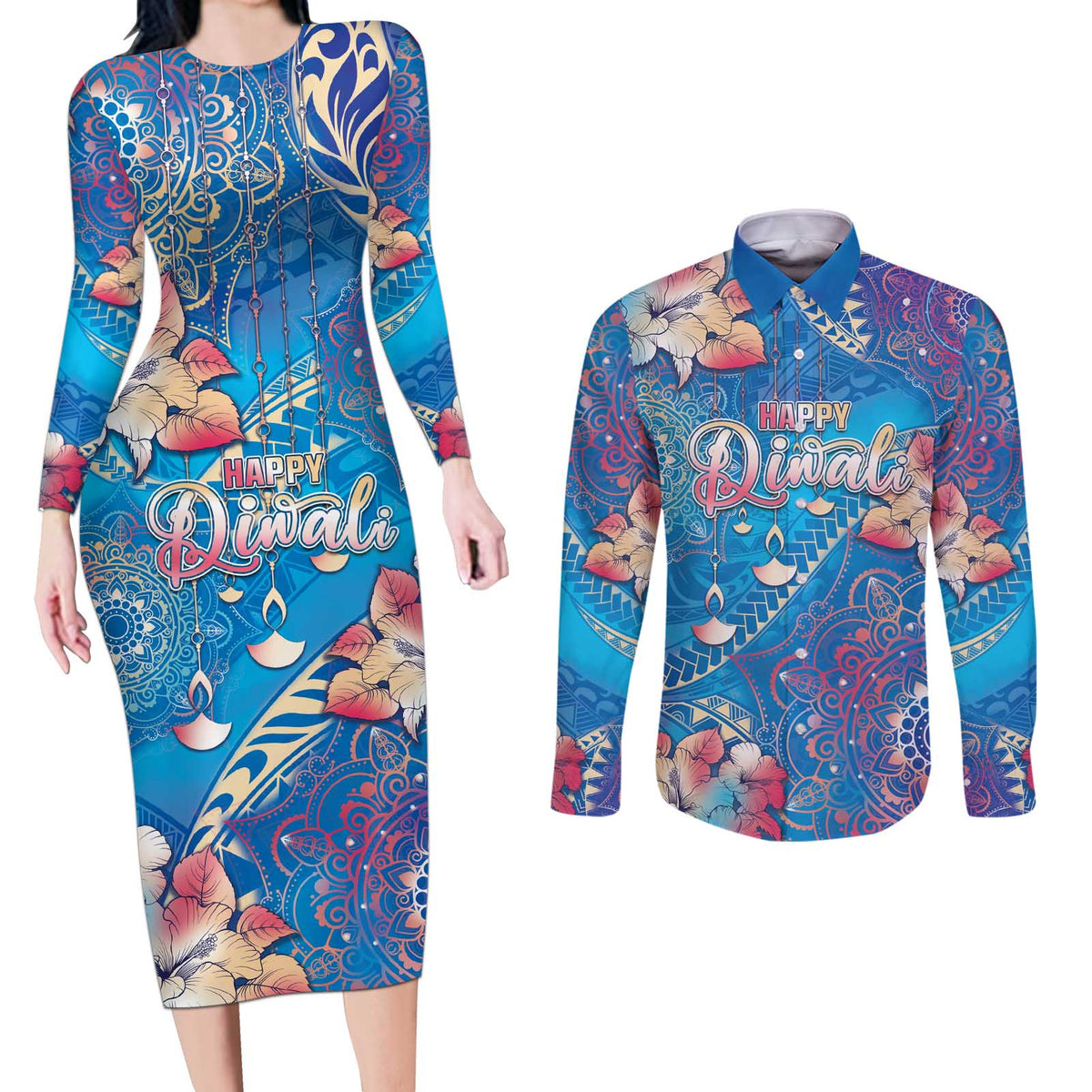 Happy Diwali Festival Couples Matching Long Sleeve Bodycon Dress and Long Sleeve Button Shirt Diya Lamp Rangoli With Polynesian Pattern LT05 Blue - Polynesian Pride