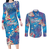 Happy Diwali Festival Couples Matching Long Sleeve Bodycon Dress and Long Sleeve Button Shirt Diya Lamp Rangoli With Polynesian Pattern LT05 Blue - Polynesian Pride