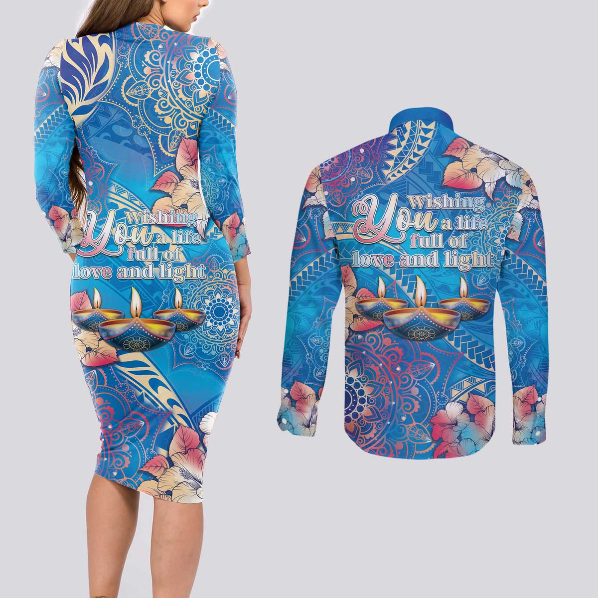 Happy Diwali Festival Couples Matching Long Sleeve Bodycon Dress and Long Sleeve Button Shirt Diya Lamp Rangoli With Polynesian Pattern LT05 - Polynesian Pride