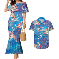 Happy Diwali Festival Couples Matching Mermaid Dress and Hawaiian Shirt Diya Lamp Rangoli With Polynesian Pattern LT05 Blue - Polynesian Pride