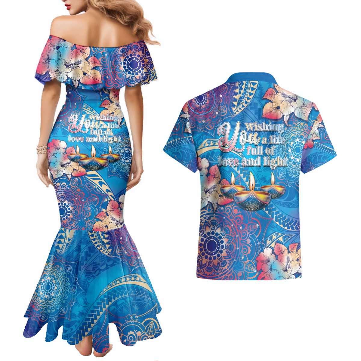 Happy Diwali Festival Couples Matching Mermaid Dress and Hawaiian Shirt Diya Lamp Rangoli With Polynesian Pattern LT05 - Polynesian Pride