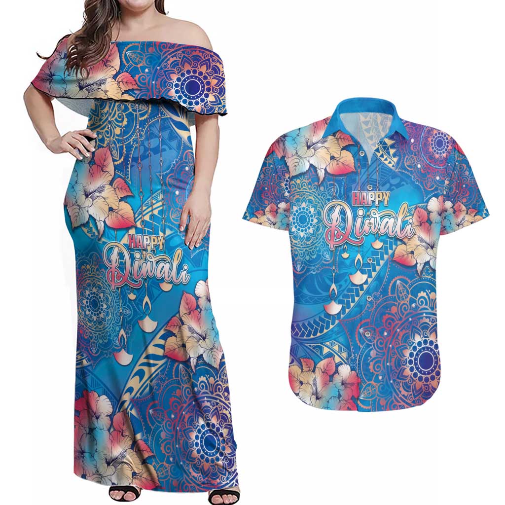 Happy Diwali Festival Couples Matching Off Shoulder Maxi Dress and Hawaiian Shirt Diya Lamp Rangoli With Polynesian Pattern LT05 Blue - Polynesian Pride