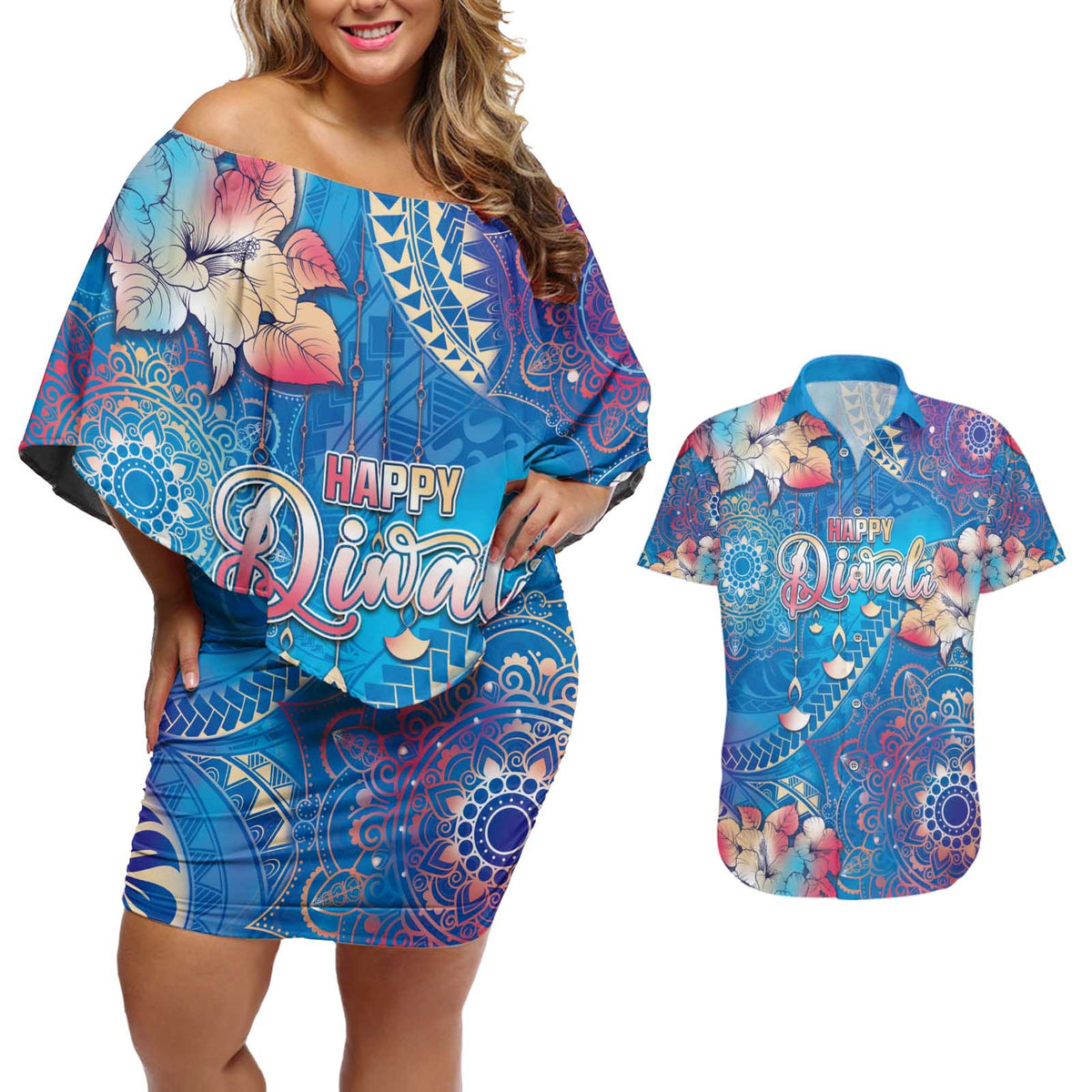 Happy Diwali Festival Couples Matching Off Shoulder Short Dress and Hawaiian Shirt Diya Lamp Rangoli With Polynesian Pattern LT05 Blue - Polynesian Pride