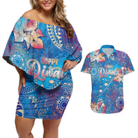 Happy Diwali Festival Couples Matching Off Shoulder Short Dress and Hawaiian Shirt Diya Lamp Rangoli With Polynesian Pattern LT05 Blue - Polynesian Pride