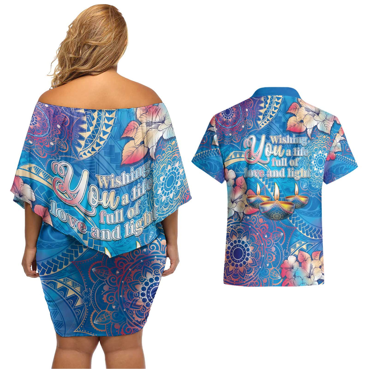 Happy Diwali Festival Couples Matching Off Shoulder Short Dress and Hawaiian Shirt Diya Lamp Rangoli With Polynesian Pattern LT05 - Polynesian Pride