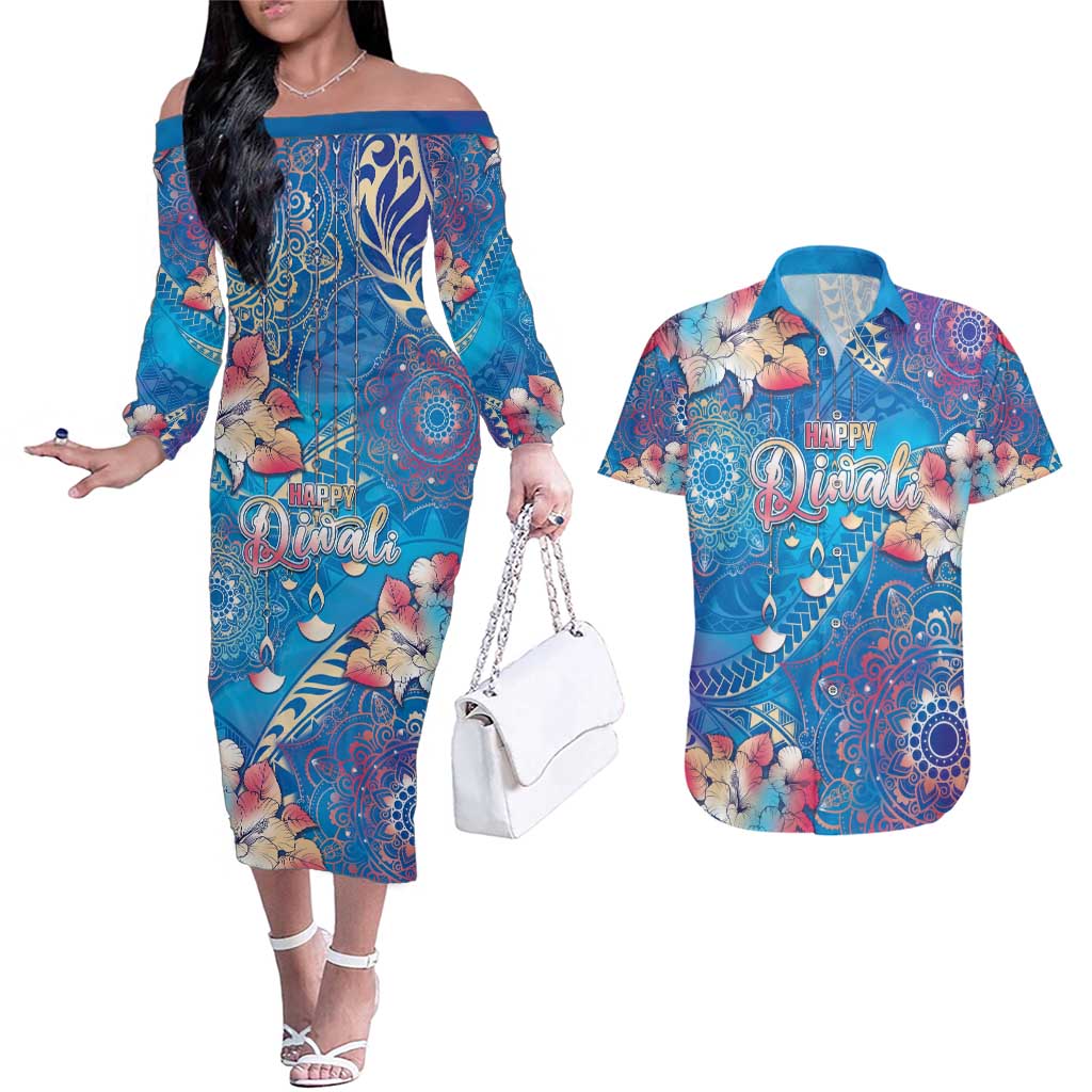 Happy Diwali Festival Couples Matching Off The Shoulder Long Sleeve Dress and Hawaiian Shirt Diya Lamp Rangoli With Polynesian Pattern LT05 Blue - Polynesian Pride