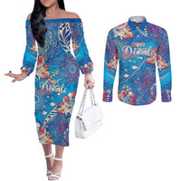 Happy Diwali Festival Couples Matching Off The Shoulder Long Sleeve Dress and Long Sleeve Button Shirt Diya Lamp Rangoli With Polynesian Pattern LT05 Blue - Polynesian Pride