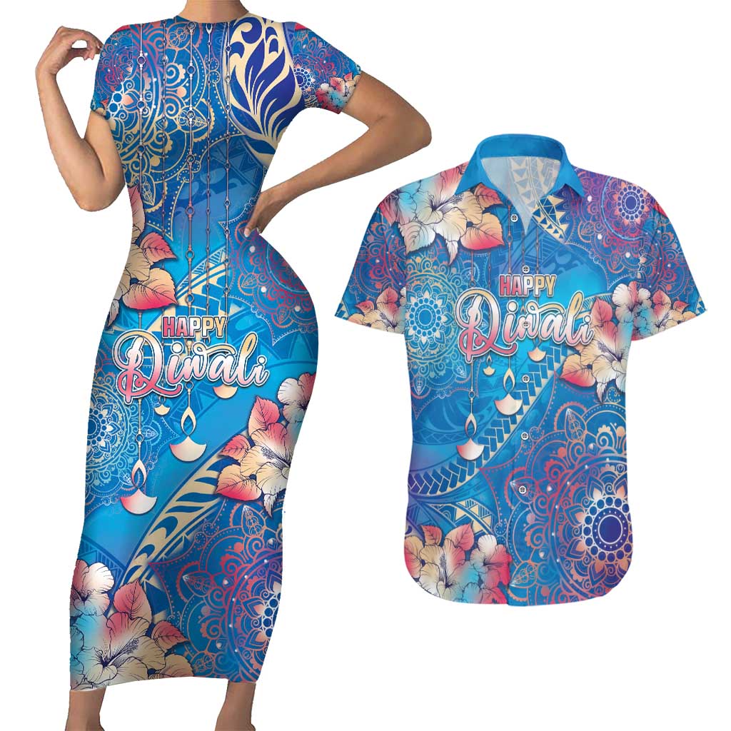 Happy Diwali Festival Couples Matching Short Sleeve Bodycon Dress and Hawaiian Shirt Diya Lamp Rangoli With Polynesian Pattern LT05 Blue - Polynesian Pride