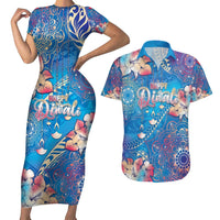 Happy Diwali Festival Couples Matching Short Sleeve Bodycon Dress and Hawaiian Shirt Diya Lamp Rangoli With Polynesian Pattern LT05 Blue - Polynesian Pride