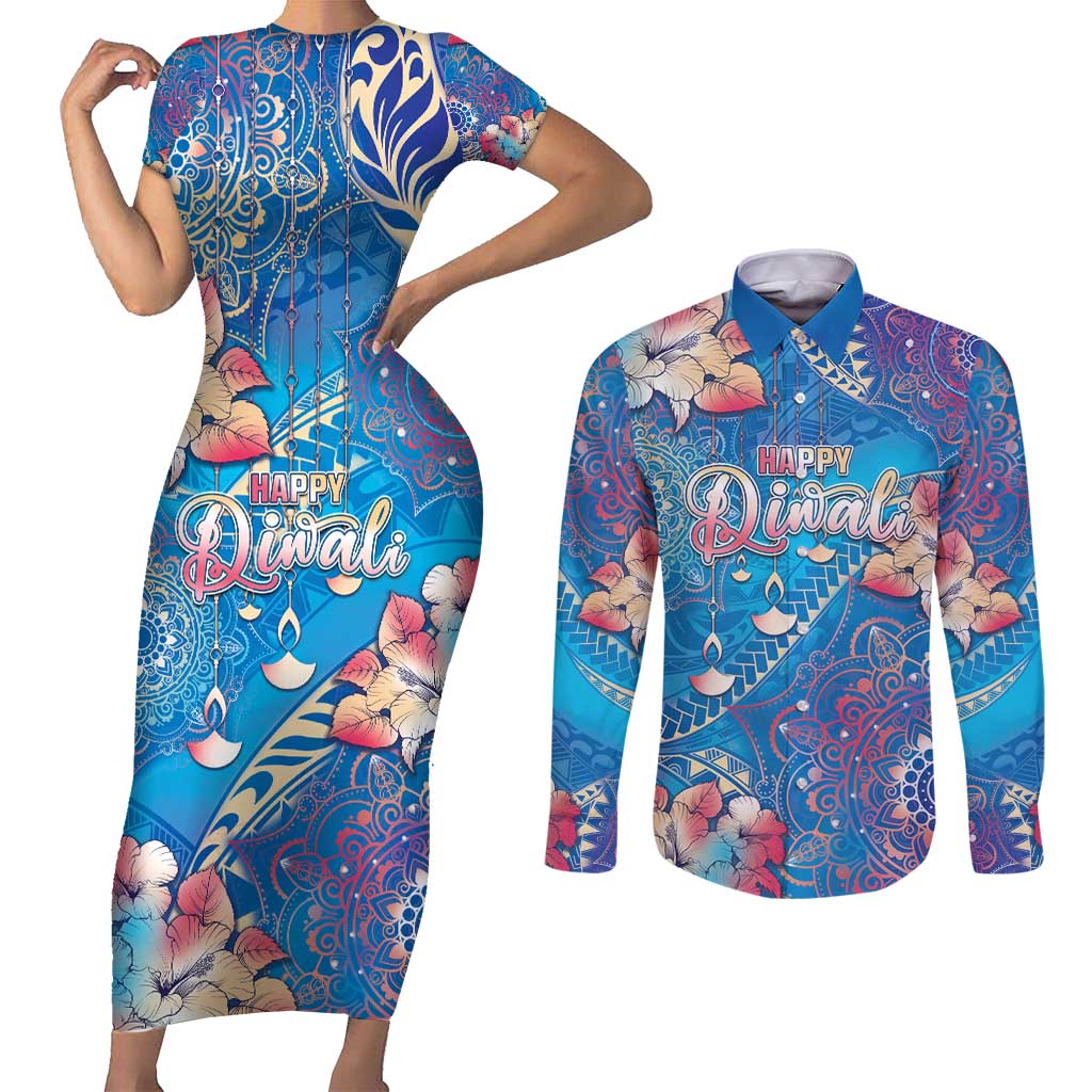 Happy Diwali Festival Couples Matching Short Sleeve Bodycon Dress and Long Sleeve Button Shirt Diya Lamp Rangoli With Polynesian Pattern LT05 Blue - Polynesian Pride