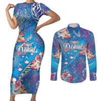 Happy Diwali Festival Couples Matching Short Sleeve Bodycon Dress and Long Sleeve Button Shirt Diya Lamp Rangoli With Polynesian Pattern LT05 Blue - Polynesian Pride