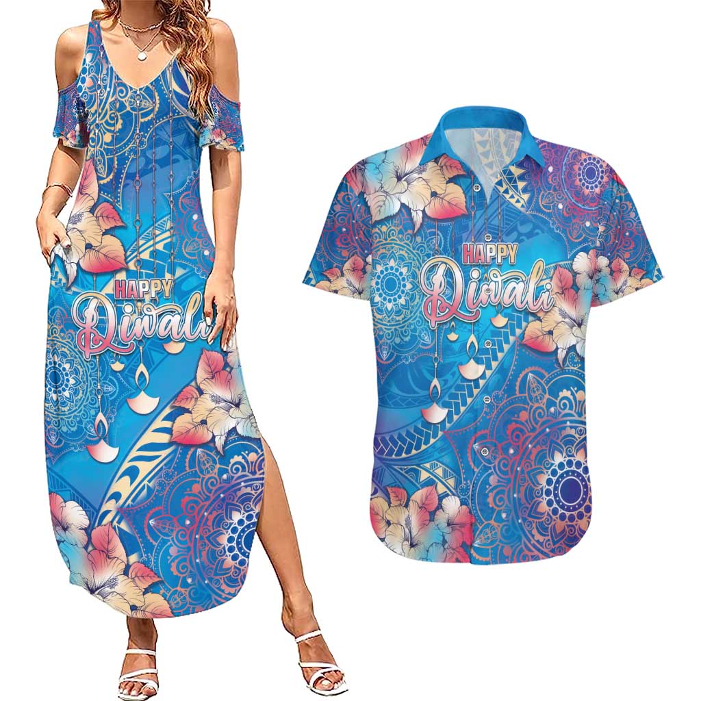 Happy Diwali Festival Couples Matching Summer Maxi Dress and Hawaiian Shirt Diya Lamp Rangoli With Polynesian Pattern LT05 Blue - Polynesian Pride