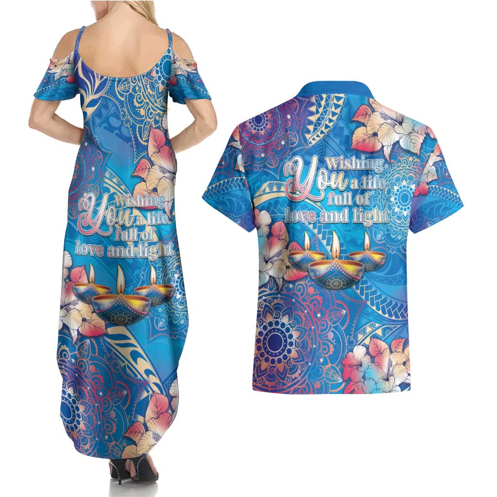 Happy Diwali Festival Couples Matching Summer Maxi Dress and Hawaiian Shirt Diya Lamp Rangoli With Polynesian Pattern LT05 - Polynesian Pride