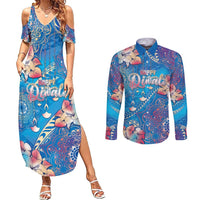 Happy Diwali Festival Couples Matching Summer Maxi Dress and Long Sleeve Button Shirt Diya Lamp Rangoli With Polynesian Pattern LT05 Blue - Polynesian Pride