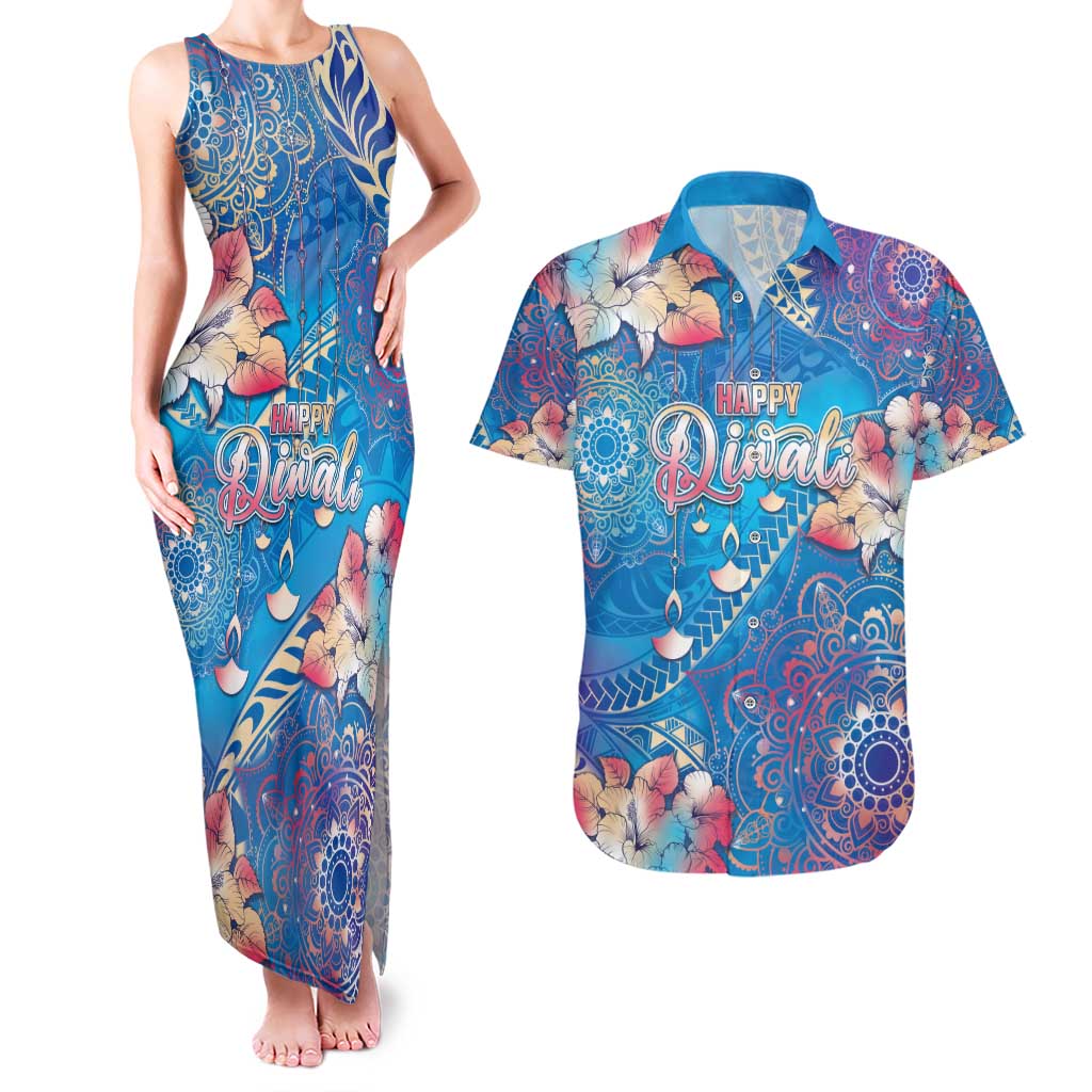 Happy Diwali Festival Couples Matching Tank Maxi Dress and Hawaiian Shirt Diya Lamp Rangoli With Polynesian Pattern LT05 Blue - Polynesian Pride