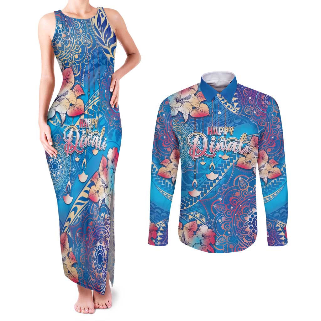 Happy Diwali Festival Couples Matching Tank Maxi Dress and Long Sleeve Button Shirt Diya Lamp Rangoli With Polynesian Pattern LT05 Blue - Polynesian Pride