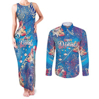 Happy Diwali Festival Couples Matching Tank Maxi Dress and Long Sleeve Button Shirt Diya Lamp Rangoli With Polynesian Pattern LT05 Blue - Polynesian Pride