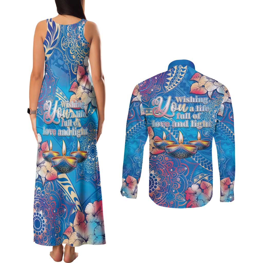Happy Diwali Festival Couples Matching Tank Maxi Dress and Long Sleeve Button Shirt Diya Lamp Rangoli With Polynesian Pattern LT05 - Polynesian Pride