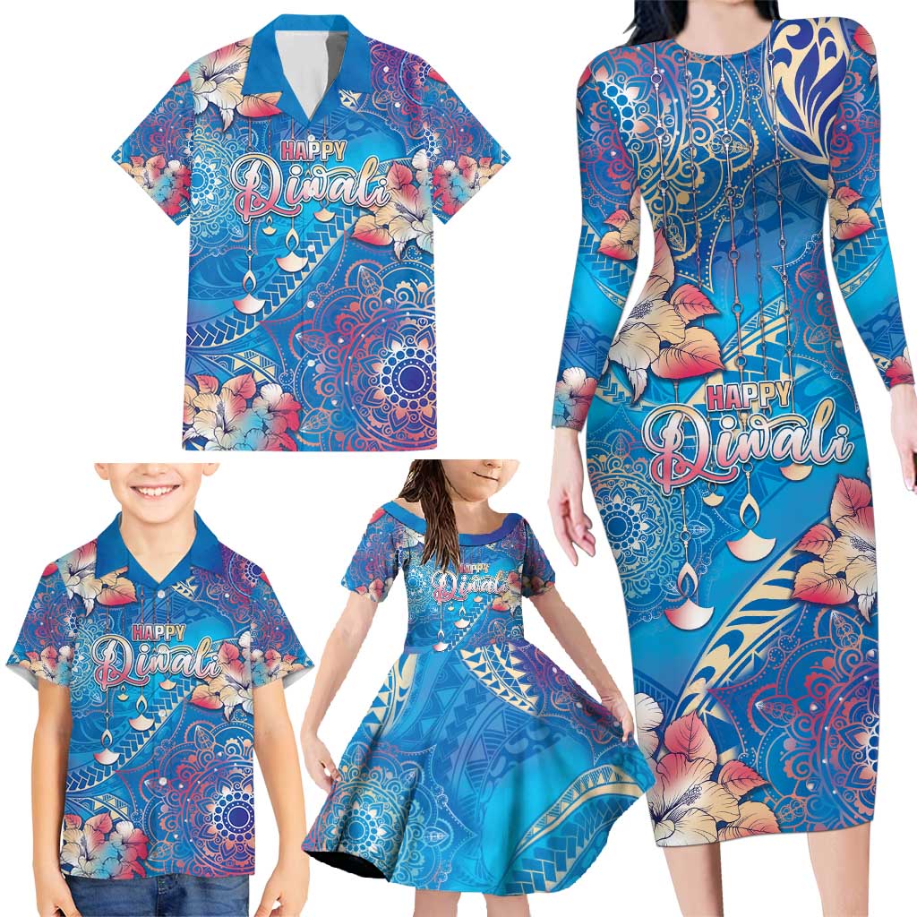 Happy Diwali Festival Family Matching Long Sleeve Bodycon Dress and Hawaiian Shirt Diya Lamp Rangoli With Polynesian Pattern LT05 - Polynesian Pride