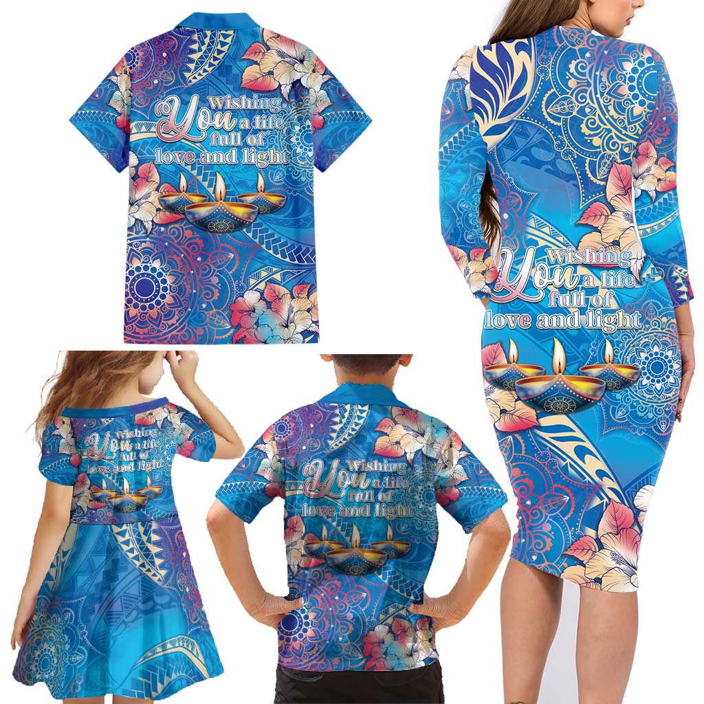 Happy Diwali Festival Family Matching Long Sleeve Bodycon Dress and Hawaiian Shirt Diya Lamp Rangoli With Polynesian Pattern LT05 - Polynesian Pride