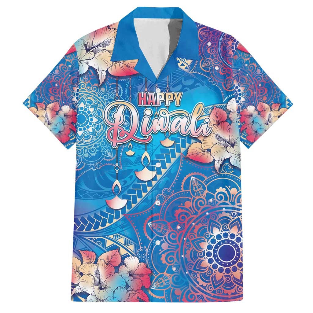 Happy Diwali Festival Family Matching Long Sleeve Bodycon Dress and Hawaiian Shirt Diya Lamp Rangoli With Polynesian Pattern LT05 Dad's Shirt - Short Sleeve Blue - Polynesian Pride