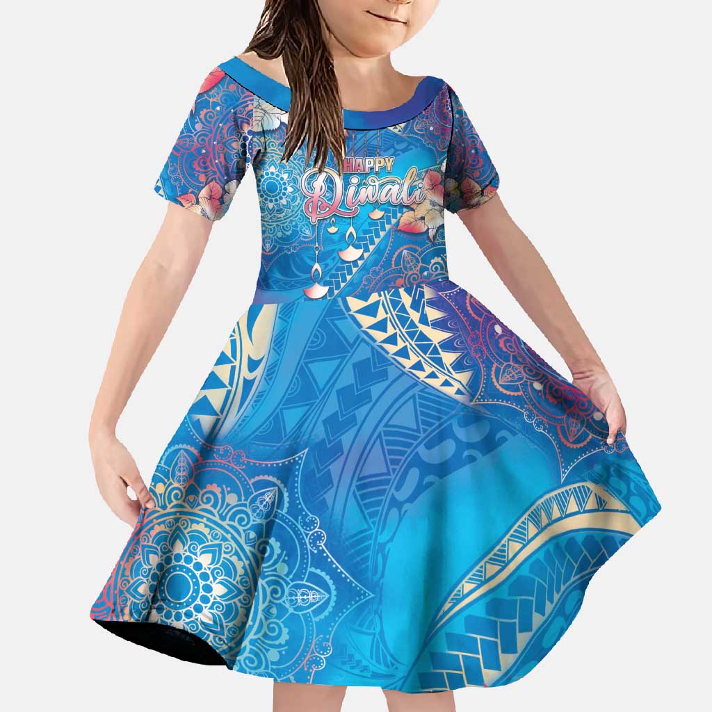 Happy Diwali Festival Family Matching Mermaid Dress and Hawaiian Shirt Diya Lamp Rangoli With Polynesian Pattern LT05 Daughter's Dress Blue - Polynesian Pride