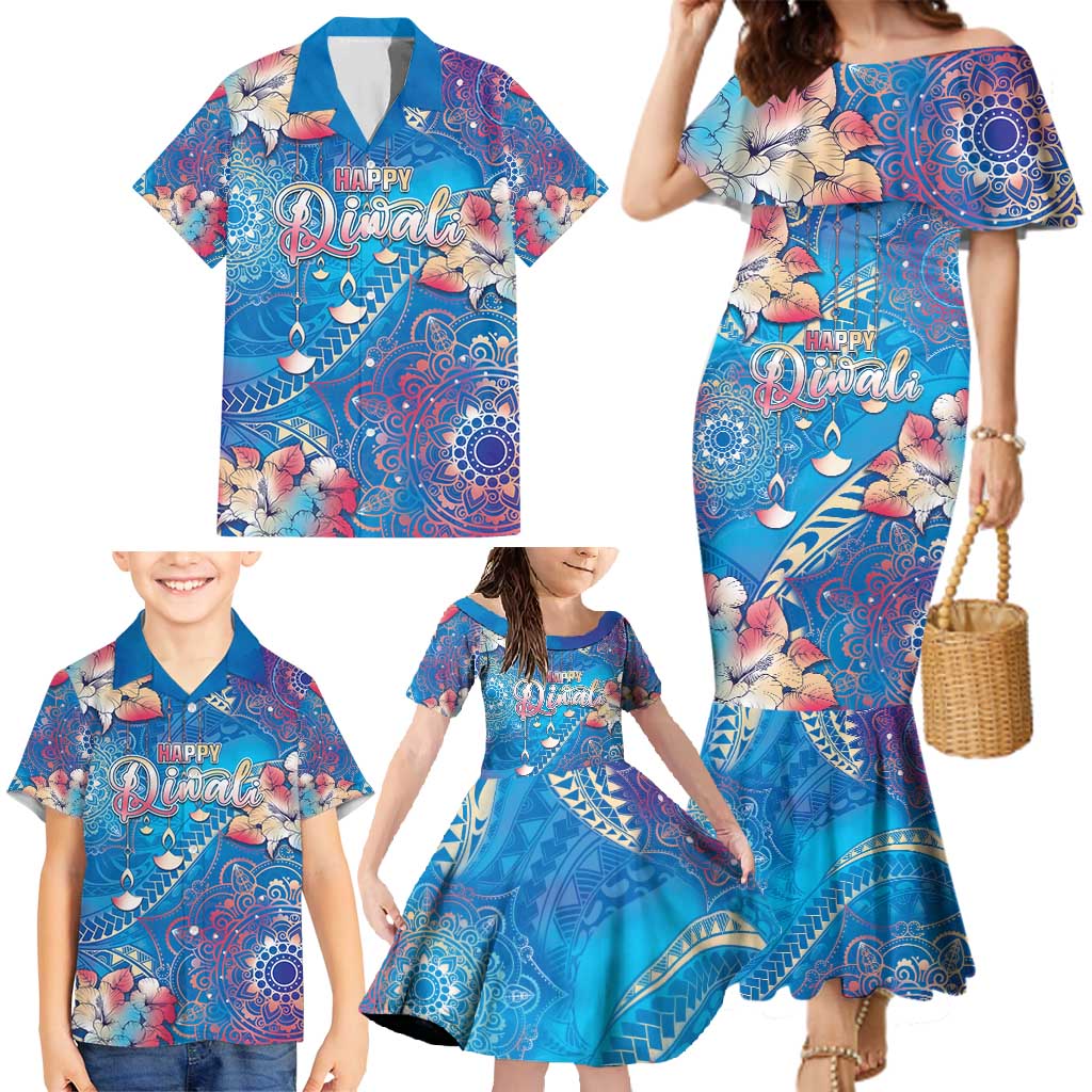 Happy Diwali Festival Family Matching Mermaid Dress and Hawaiian Shirt Diya Lamp Rangoli With Polynesian Pattern LT05 - Polynesian Pride