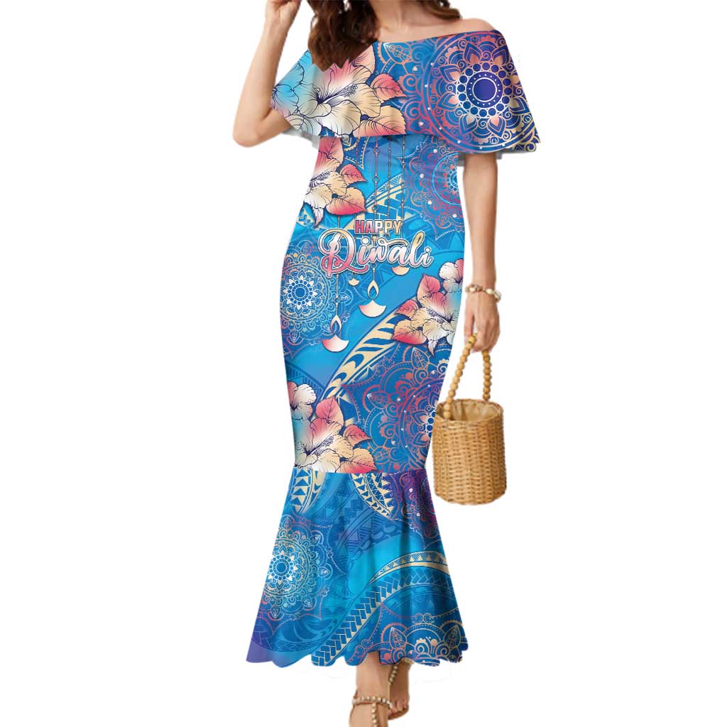 Happy Diwali Festival Family Matching Mermaid Dress and Hawaiian Shirt Diya Lamp Rangoli With Polynesian Pattern LT05 Mom's Dress Blue - Polynesian Pride