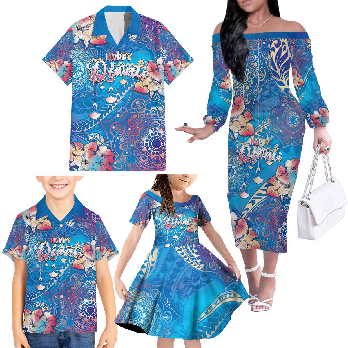 Happy Diwali Festival Family Matching Off The Shoulder Long Sleeve Dress and Hawaiian Shirt Diya Lamp Rangoli With Polynesian Pattern LT05 - Polynesian Pride