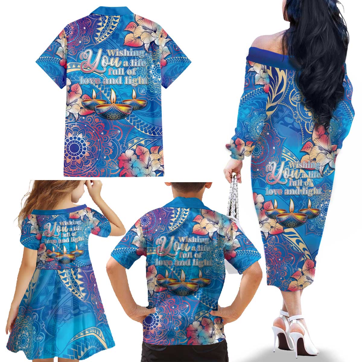 Happy Diwali Festival Family Matching Off The Shoulder Long Sleeve Dress and Hawaiian Shirt Diya Lamp Rangoli With Polynesian Pattern LT05 - Polynesian Pride