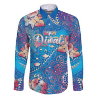 Happy Diwali Festival Family Matching Off Shoulder Maxi Dress and Hawaiian Shirt Diya Lamp Rangoli With Polynesian Pattern LT05 Dad's Shirt - Long Sleeve Blue - Polynesian Pride