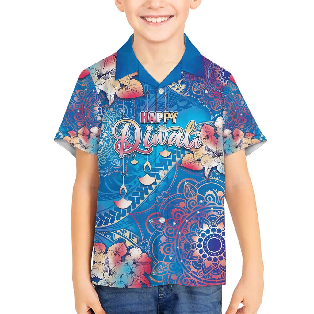 Happy Diwali Festival Family Matching Off Shoulder Maxi Dress and Hawaiian Shirt Diya Lamp Rangoli With Polynesian Pattern LT05 Son's Shirt Blue - Polynesian Pride