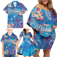 Happy Diwali Festival Family Matching Off Shoulder Short Dress and Hawaiian Shirt Diya Lamp Rangoli With Polynesian Pattern LT05 - Polynesian Pride