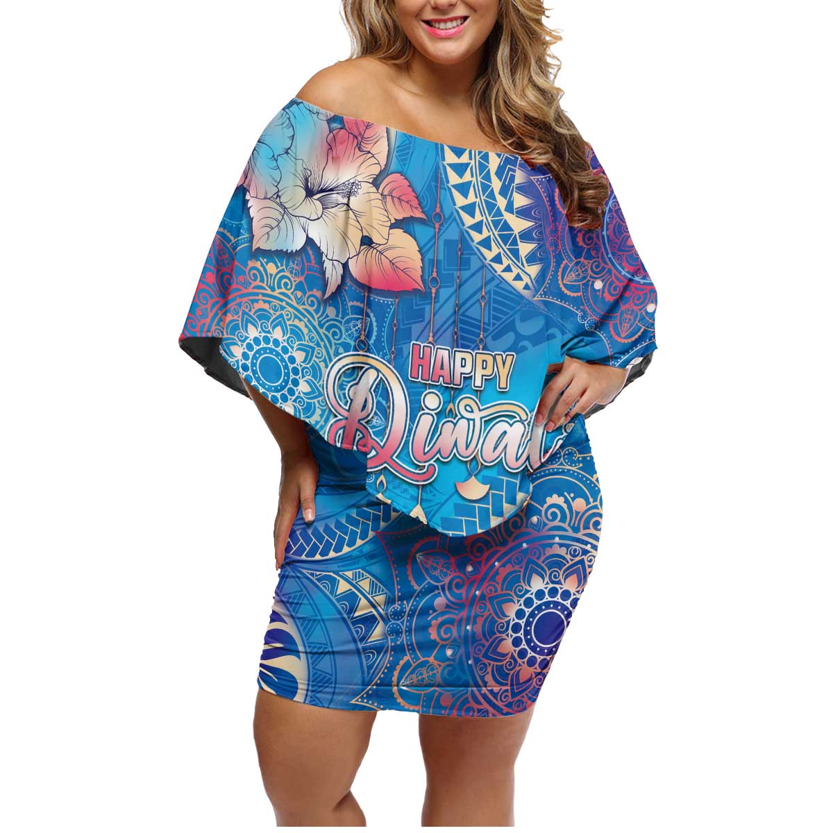 Happy Diwali Festival Family Matching Off Shoulder Short Dress and Hawaiian Shirt Diya Lamp Rangoli With Polynesian Pattern LT05 Mom's Dress Blue - Polynesian Pride