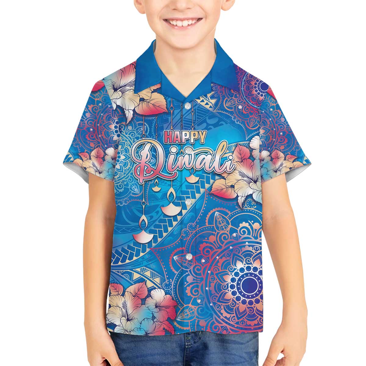 Happy Diwali Festival Family Matching Off Shoulder Short Dress and Hawaiian Shirt Diya Lamp Rangoli With Polynesian Pattern LT05 Son's Shirt Blue - Polynesian Pride