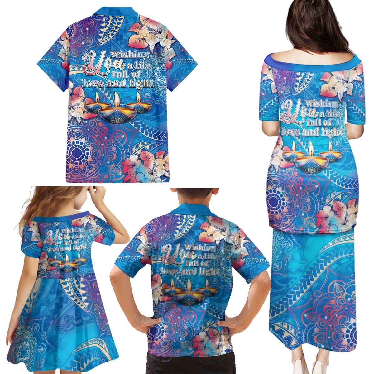 Happy Diwali Festival Family Matching Puletasi and Hawaiian Shirt Diya Lamp Rangoli With Polynesian Pattern LT05 - Polynesian Pride